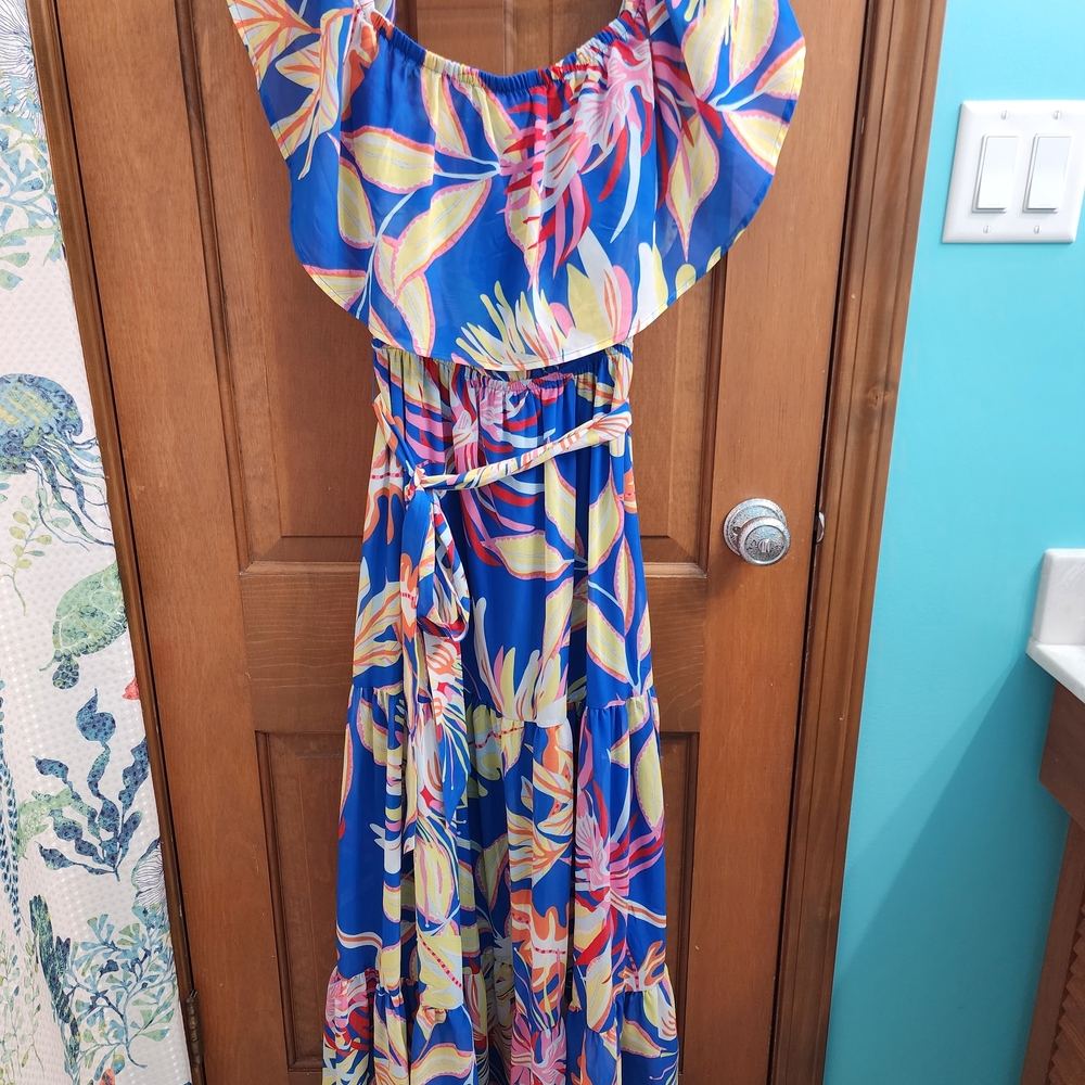 Flying Tomato Royal Blue Tropical Off-Shoulder Maxi Dress